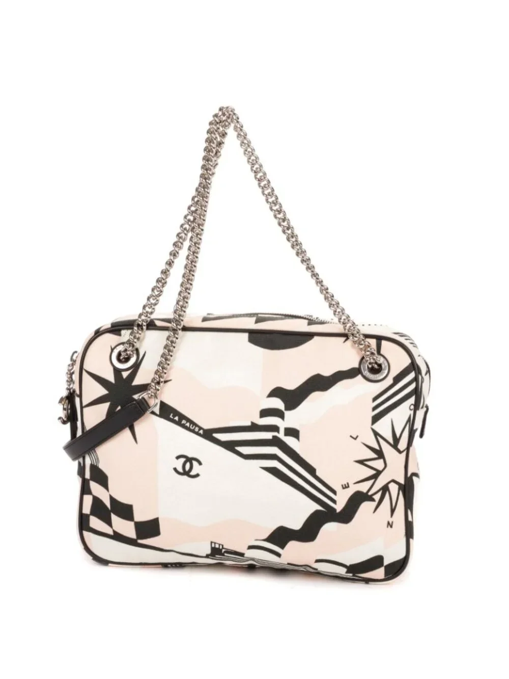 Chanel la Pausa Bay Camera Bag White Black Pink Printed Canvas